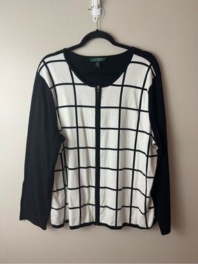Lauren Ralph Lauren Black & White Grid Zip-Front Sweater 3XL